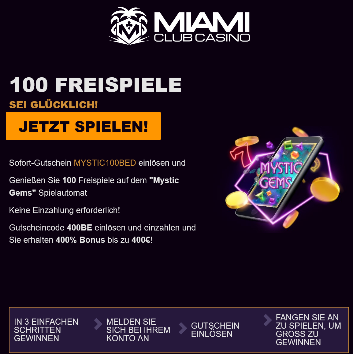 Miami
Club BE 100 Free Spins Miami Club BE 100
Free Spins